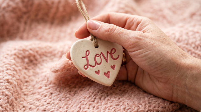 Hand holding ceramic heart tag with love text on cozy sweater perfect for illustrating romantic holiday gifts and affectionate winter lifestyle
