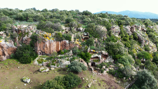 Necropolis of Montessu, also called Domus de Janas of Montessu in Villaperuccio, Sardinia. Montessu is one of the main parts of Funerary Tradition in the Prehistory of Sardinia, world heritage site