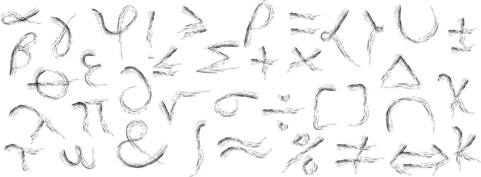 Collection of hand drawn mathematical symbols in sketch style isolated on a white background. Features common math operators, Greek letters, arithmetic signs, algebra symbols, and geometry icons. Idea