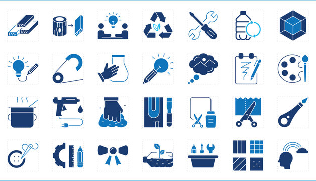 A set of icons related to DIY and Crafting. Craftsman, fabric, knitting, glue, tools, wooden, needle, waste management, glue, and so on.