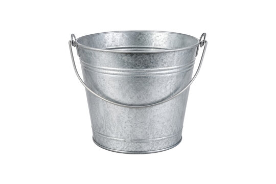 Galvanized metal bucket with wire handle isolated on a clean white background, featuring a classic zinc-coated steel surface and durable utility design.