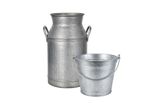 Vintage galvanized metal milk can and bucket with handles, isolated on a clean white background. Traditional farm containers with aged zinc texture, suitable for agriculture, dairy, rustic decor, stor