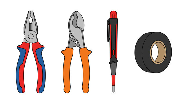 Set of electrical tools including pliers wire cutters a pencil and tape