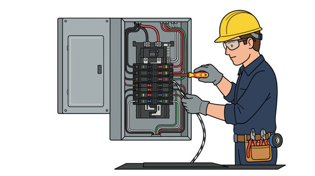 Electrician working on a residential electrical panel with tools and safety gear