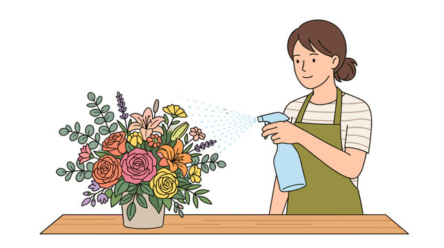 Woman watering a beautiful flower arrangement with a spray bottle on a wooden table