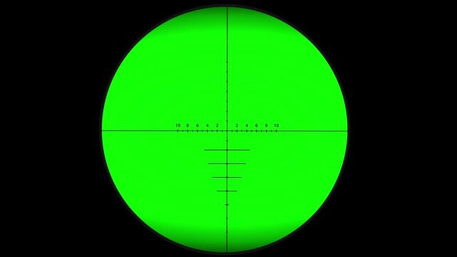Green tactical rifle scope reticle crosshair seamless loop background animation for military simulation and gaming overlay of a minimalist glowing against a dark background, perfect for video game