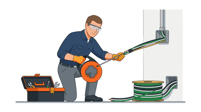 Electrician pulling cable through conduit with fish tape and toolbox