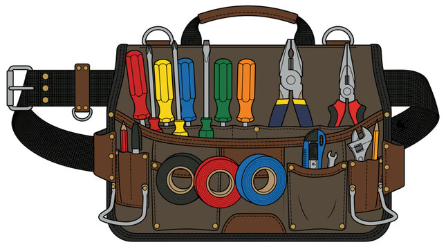 Tool Belt Filled With Various Hand Tools And Supplies For Construction And Repair