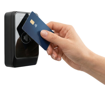Hand holding and tapping an access card on a black RFID reader device.