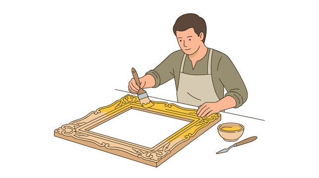 Artisan restoring an ornate gilded picture frame with a brush and gold paint