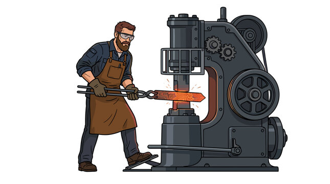 Blacksmith Forging Metal with Power Hammer in Workshop
