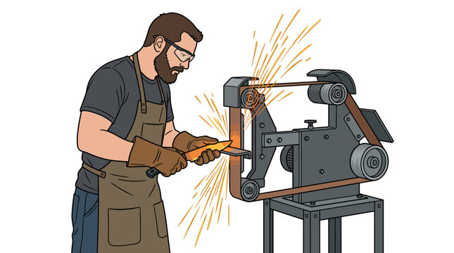 Blacksmith Grinding Metal Object with Sparks Flying from Belt Sander
