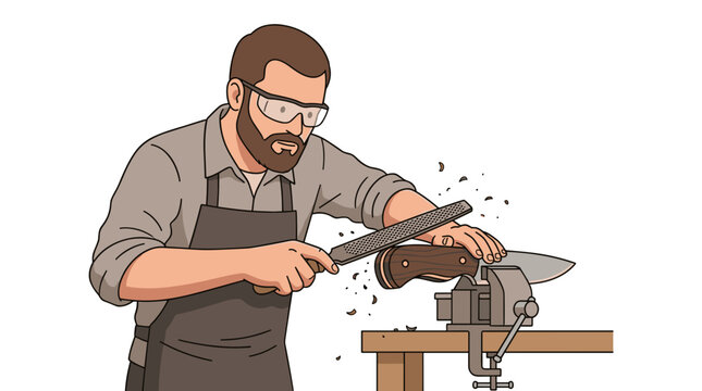 Craftsman Sharpening Knife Blade with File in Workbench Vice