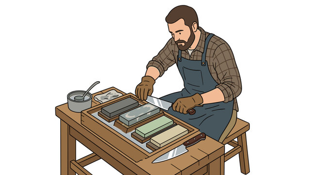Man Sharpening Kitchen Knives on Whetstones with Water
