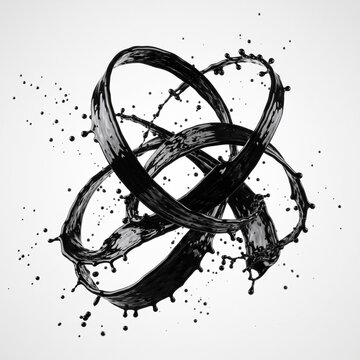 A bold black liquid loop surrounded by fine splashes creates a modern abstract visual.