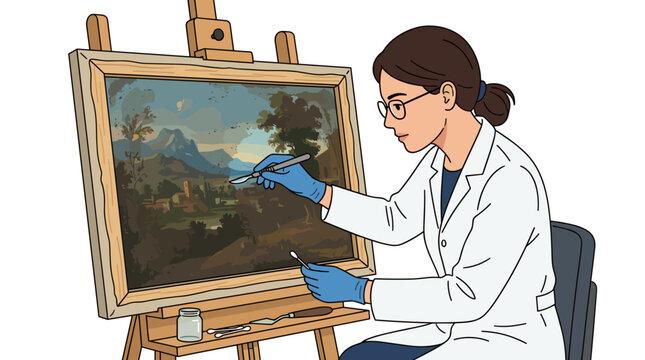 Art restorer carefully cleaning an old painting on an easel with tools and gloves