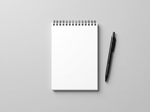 Minimalist spiral notepad with black pen on grey background for professional branding