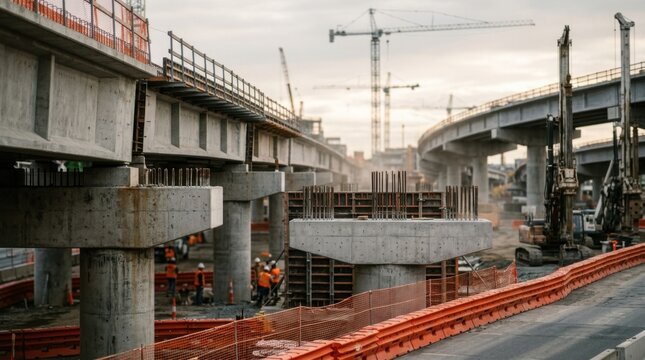 Urban infrastructure construction with elevated roadway segments, concrete piers, barriers, pile caps, and crane silhouettes at a future interchange.