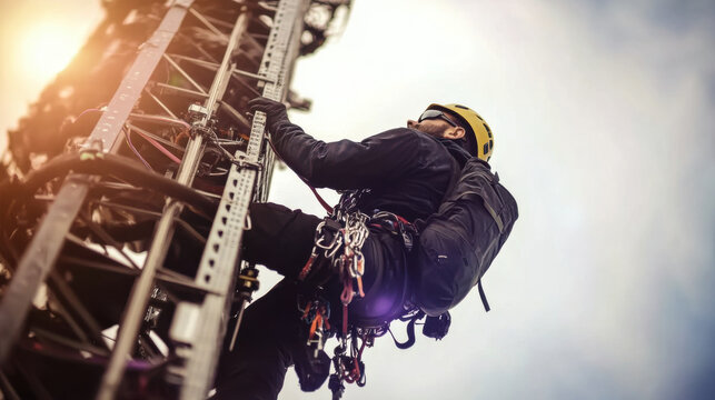 Telecom Worker Climbing Antenna Tower