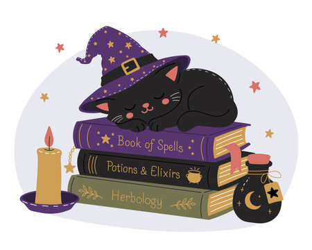 Cute black cat sleeping on a stack of magical witch books wearing a purple wizard hat. Halloween illustration perfect for spooky, magical, autumn and seasonal designs.