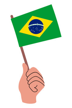 Brazil flag held in a human hand. Brazilian flag vector illustration isolated on white. Ready for national celebration, travel, culture, education, and patriotic design.