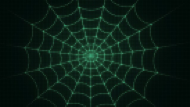 Spiderweb pattern with green glowing digital dots for techno background.