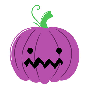 Cute purple Halloween pumpkin with a spooky jack-o-lantern face and green stem. Purple pumpkin illustration isolated on white, perfect for Halloween, autumn, party and seasonal designs.