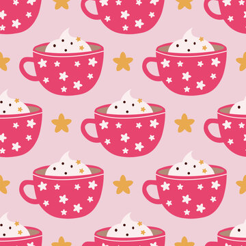 Cute pink cups with cream and stars seamless pattern. Design for fabric, wallpaper, stationery, and packaging.