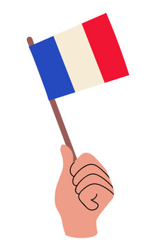 France flag held in a human hand. French flag vector illustration isolated on white. Ready for national celebration, travel, culture, education, and patriotic design.