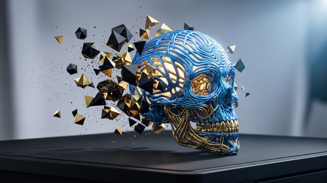 Blue And Gold Skull Dissolving Into Geometric Shapes