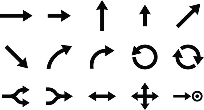 Selection of directional black arrows and rotation symbols for user interface