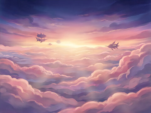 Dreamy digital painting of floating islands drifting above a sea of soft pink and purple sunset clouds