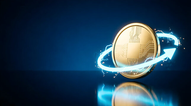 Golden digital coin circled by a blue neon arrow for cyber money changer application campaigns
