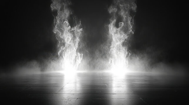 Bright stadium arena lights, Smoke bombs, empty dark scene, neon light