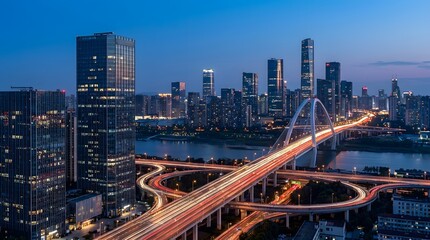 Fototapeta premium Modern City Skyline with Light Trails at Blue Hour