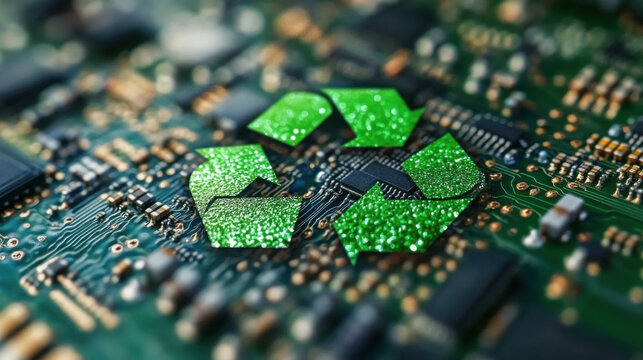 green recycle sign on circuit board technology innovations