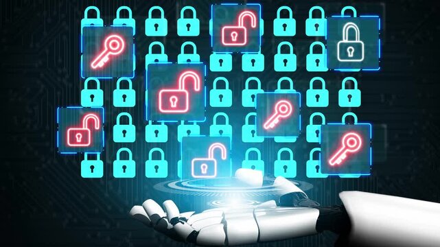 Futuristic Illustration of Robotic Hand Holding Digital Lock and Key Icons Signifying Cybersecurity and Data Protection in the Information Age. Entropy.