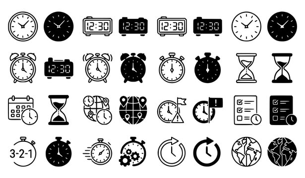 Clock and Time Line and Solid Icons Set with Alarm Stopwatch Calendar and Schedule Symbols