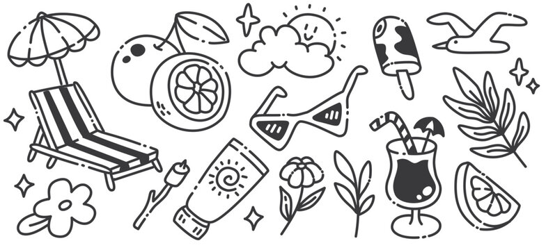 Cute Kawaii Summer Sunbathing Deck Chair and Cocktail Line Art Vector Clipart Collection