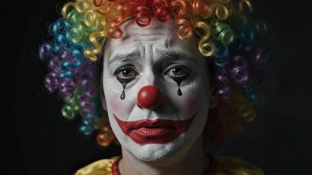 Sad clown portrait with colorful curly wig and dramatic face makeup 4k