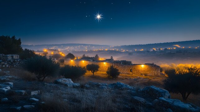 Star of bethlehem shining over an ancient stone wall village at night