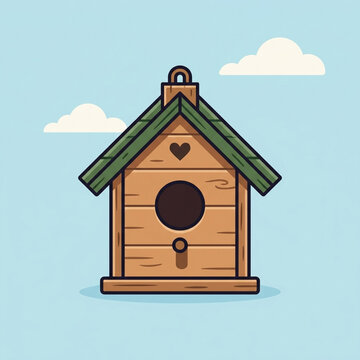 Cute Wooden Birdhouse Illustration with Green Roof and Clouds