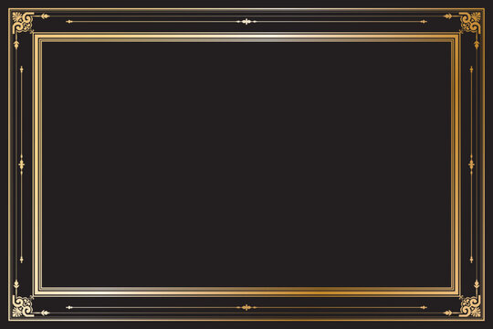 Elements of ornate vintage frames. Border gradient gold on black classic swirls. Design print for greeting cards, wedding invitations, restaurant menu, royal certificates. Set 5
