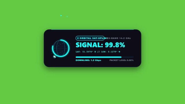 Futuristic satellite signal data hud animation loop for tech dashboards and presentations seamlessly looping animated user interface element displaying statistics global network tracking