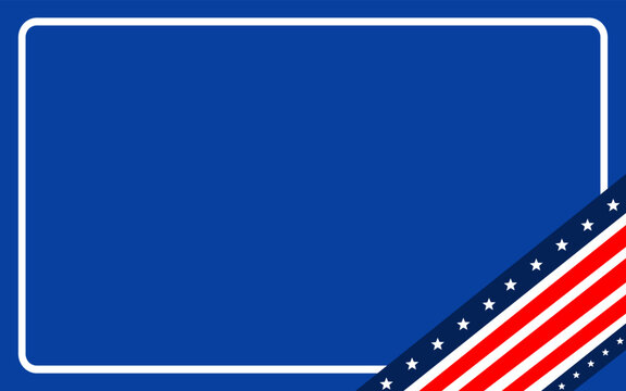 Blue background white rectangular frame corner design red white blue star pattern. Suitable for patriotic designs, holiday banners, social media graphics, fourth of July promotions.
