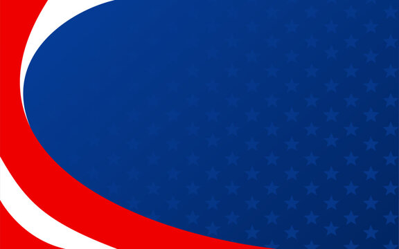 Red, white, and blue patriotic design with curved shapes and small repeated stars on a blue background. Suitable for patriotic posters or fourth of july graphics.