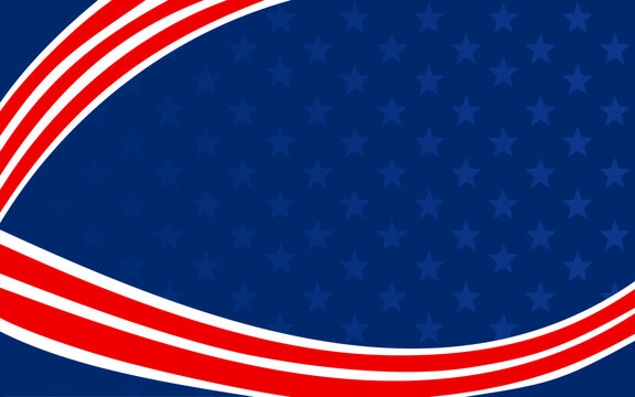 Blue patriotic background image red white curved stripes stars white light accents. Ideal for independence day celebrations and patriotic themed design projects
