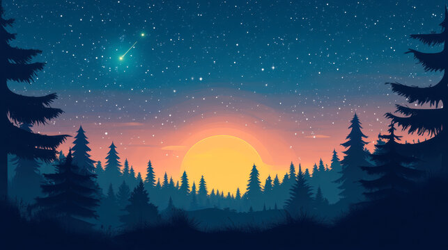 forest at night, snow with colorful sky