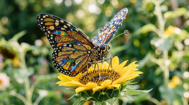 Steampunk mechanical butterfly made of gears and metal resting on a blooming sunflower.
