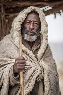 Portrait of an elderly african man with a gray beard wearing a hooded cloak and holding a wooden staff